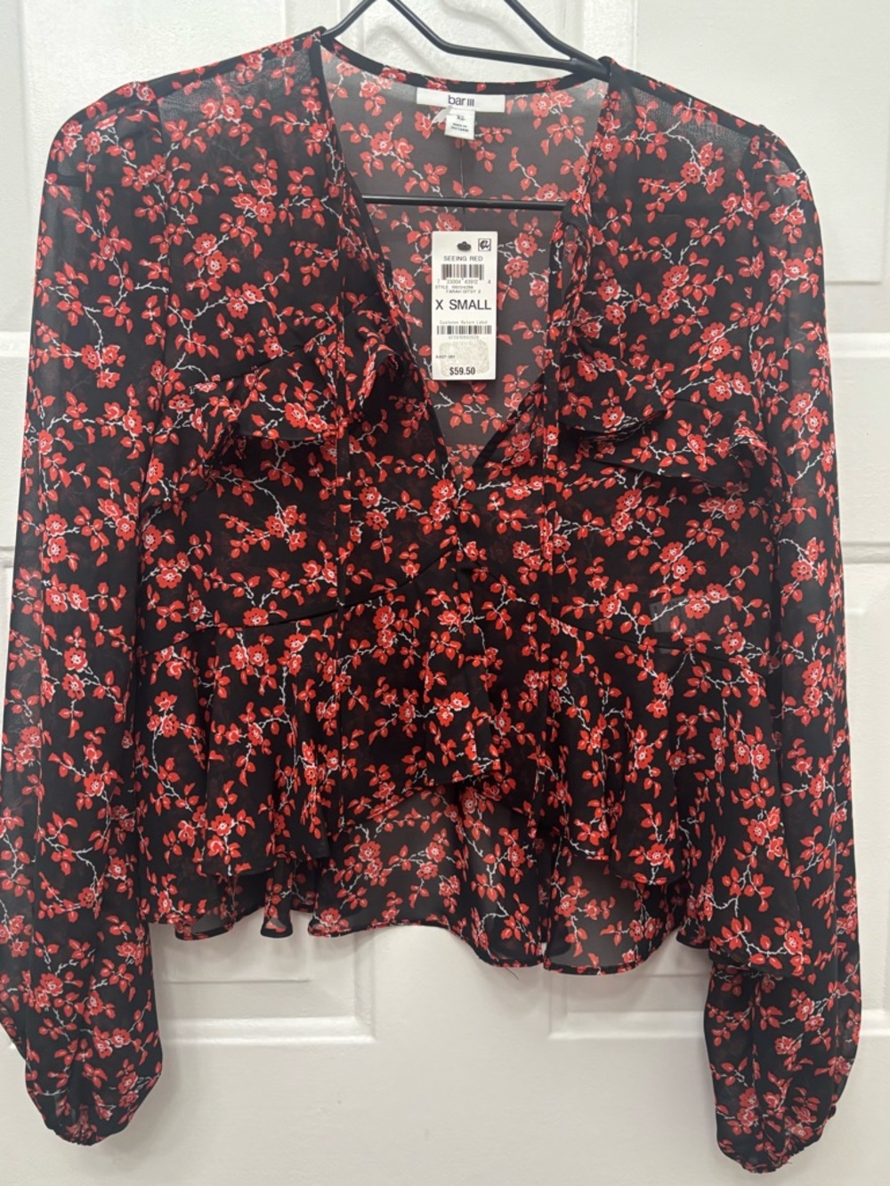 Bar III Black Blouse with Red Floral Design